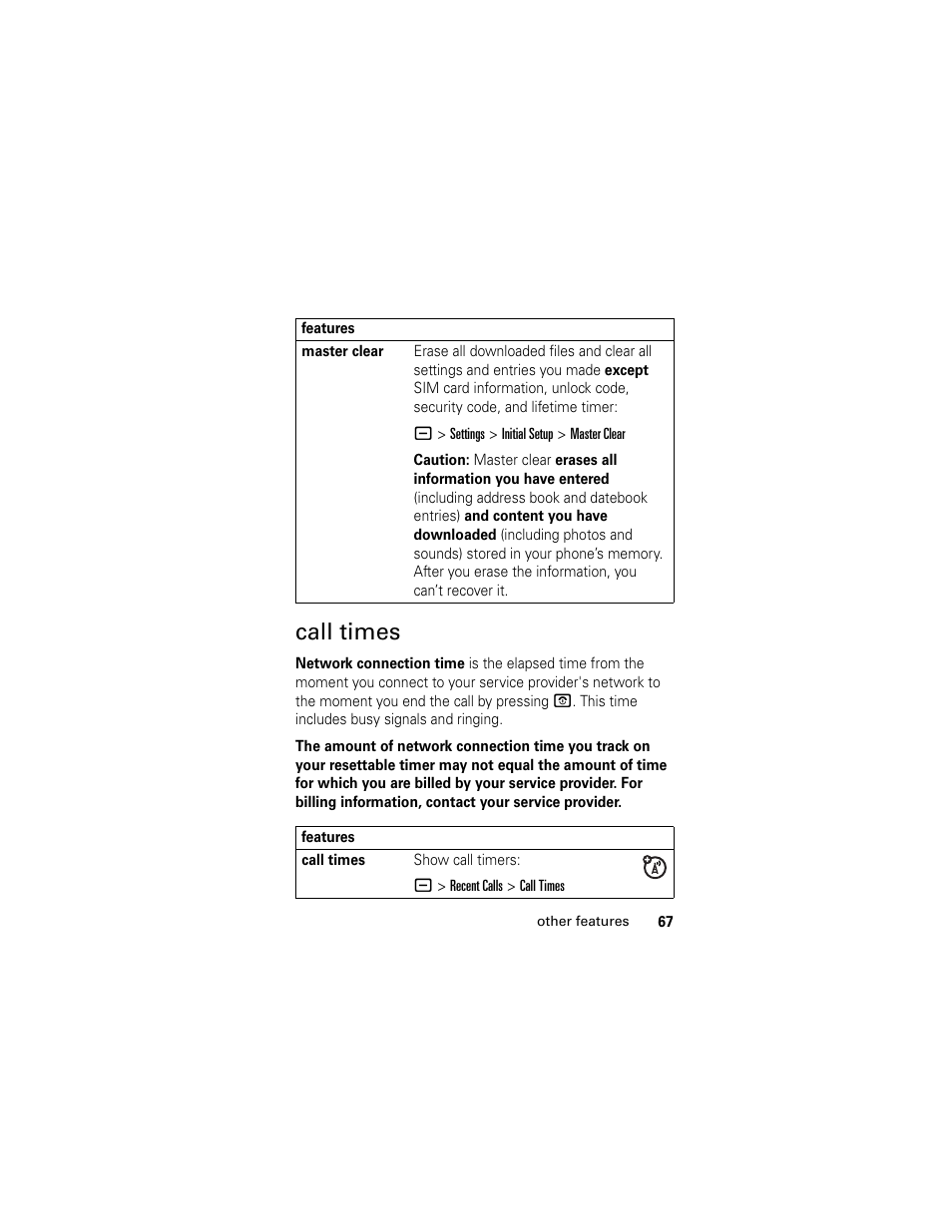 Call times | Motorola HELLOMOTO SLVR L7 User Manual | Page 67 / 104