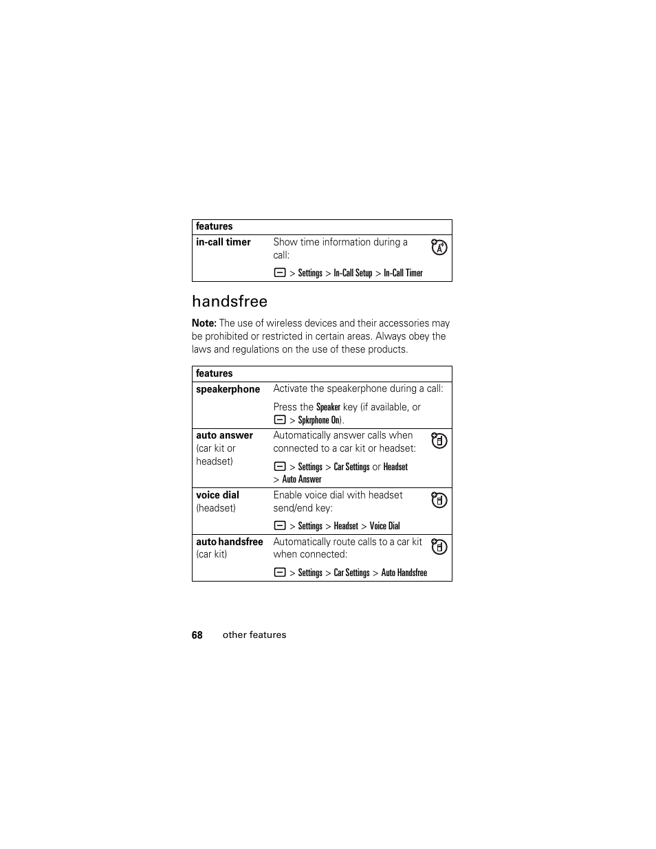 Handsfree | Motorola HELLOMOTO SLVR L7 User Manual | Page 68 / 104