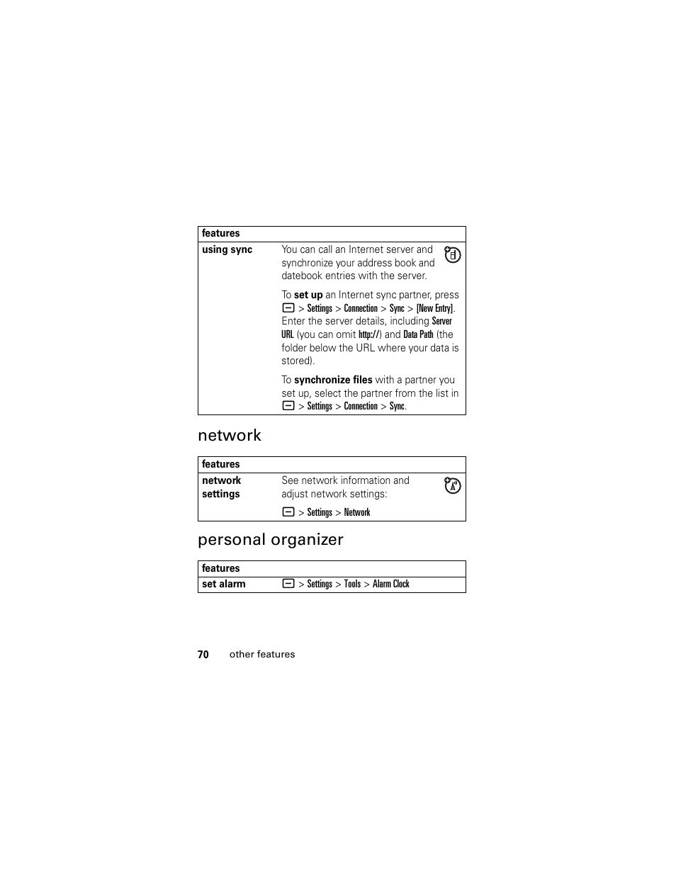 Network, Personal organizer, Network personal organizer | Motorola HELLOMOTO SLVR L7 User Manual | Page 70 / 104