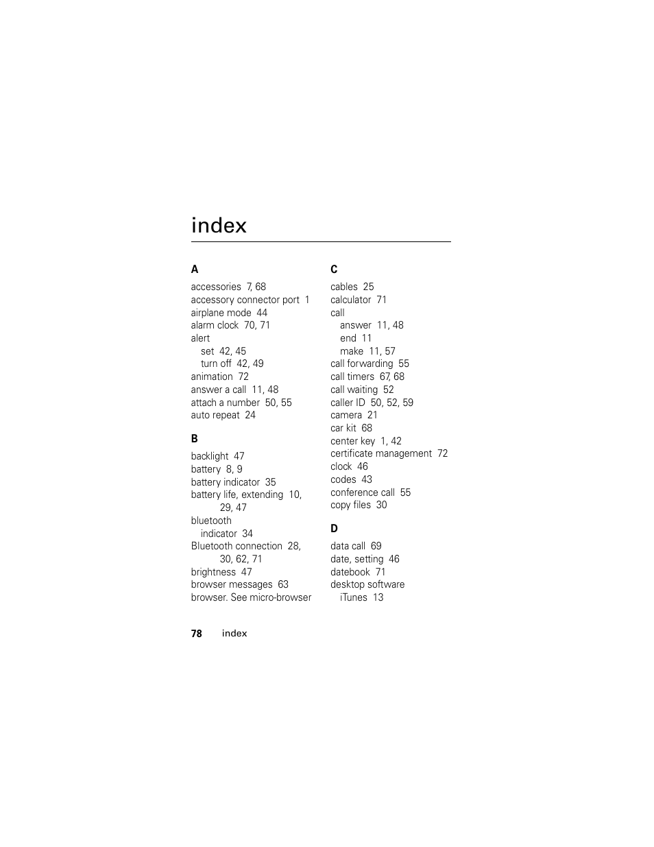 Index | Motorola HELLOMOTO SLVR L7 User Manual | Page 78 / 104