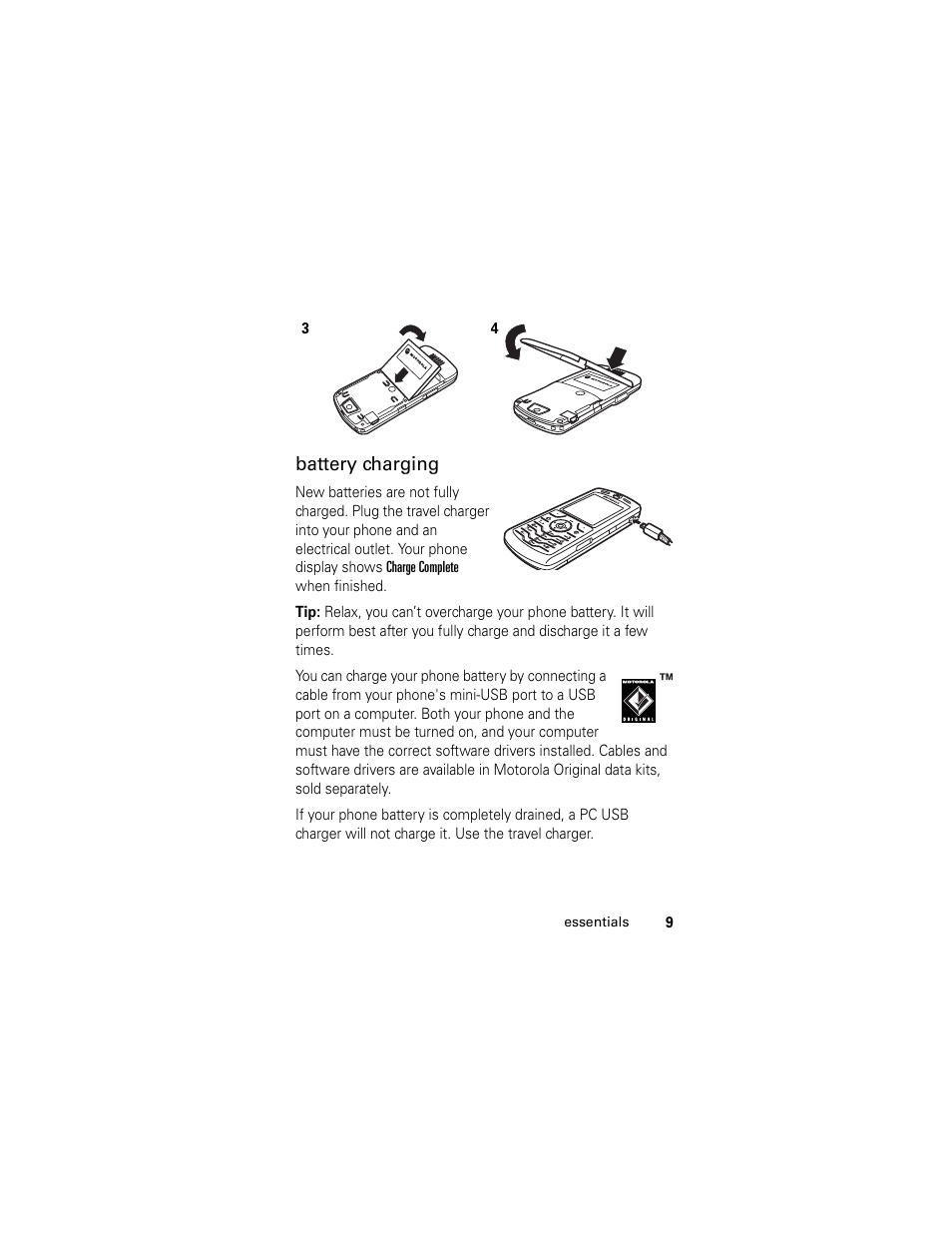 Battery charging | Motorola HELLOMOTO SLVR L7 User Manual | Page 9 / 104