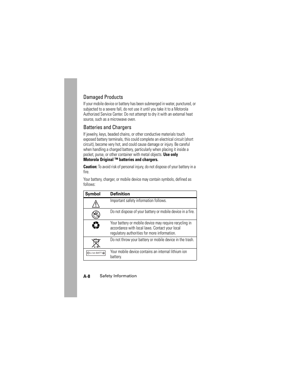 Damaged products, Batteries and chargers | Motorola HELLOMOTO SLVR L7 User Manual | Page 90 / 104