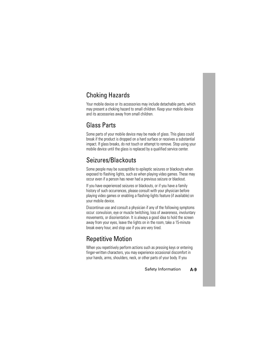 Choking hazards, Glass parts, Seizures/blackouts | Repetitive motion | Motorola HELLOMOTO SLVR L7 User Manual | Page 91 / 104