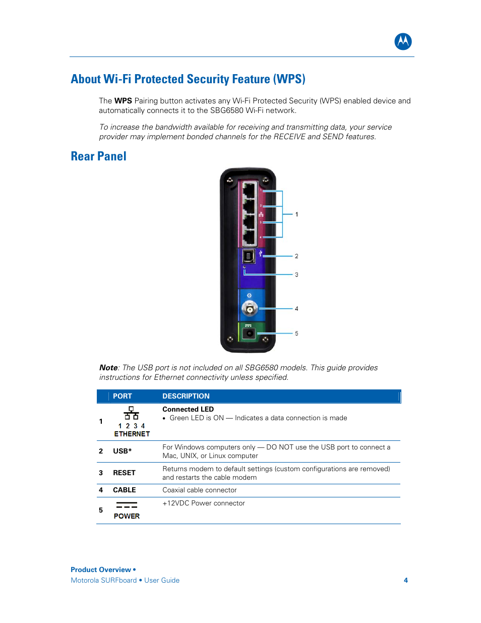 About wi-fi protected security feature (wps), Rear panel | Motorola SURFboard SBG6580 Series User Manual | Page 12 / 36