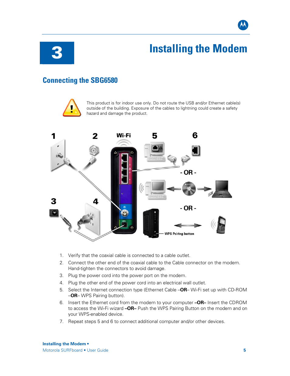 Connecting the sbg6580, Installing the modem | Motorola SURFboard SBG6580 Series User Manual | Page 13 / 36