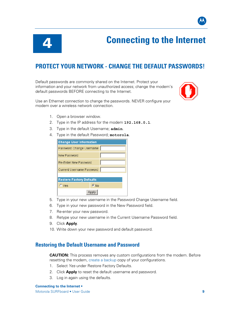 Restoring the default username and password, Connecting to the internet | Motorola SURFboard SBG6580 Series User Manual | Page 17 / 36