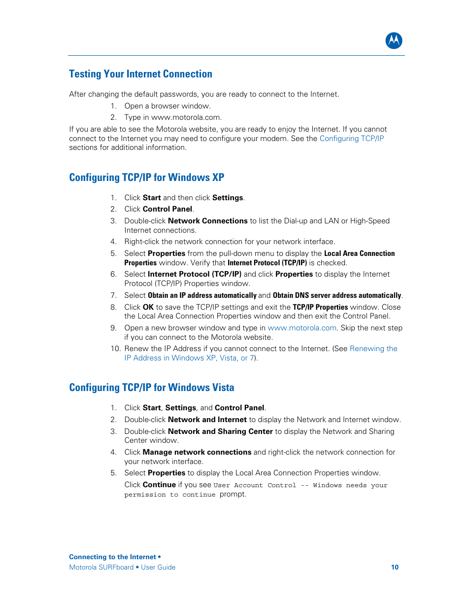 Testing your internet connection, Configuring tcp/ip for windows xp, Configuring tcp/ip for windows vista | X96088_heading2_con | Motorola SURFboard SBG6580 Series User Manual | Page 18 / 36