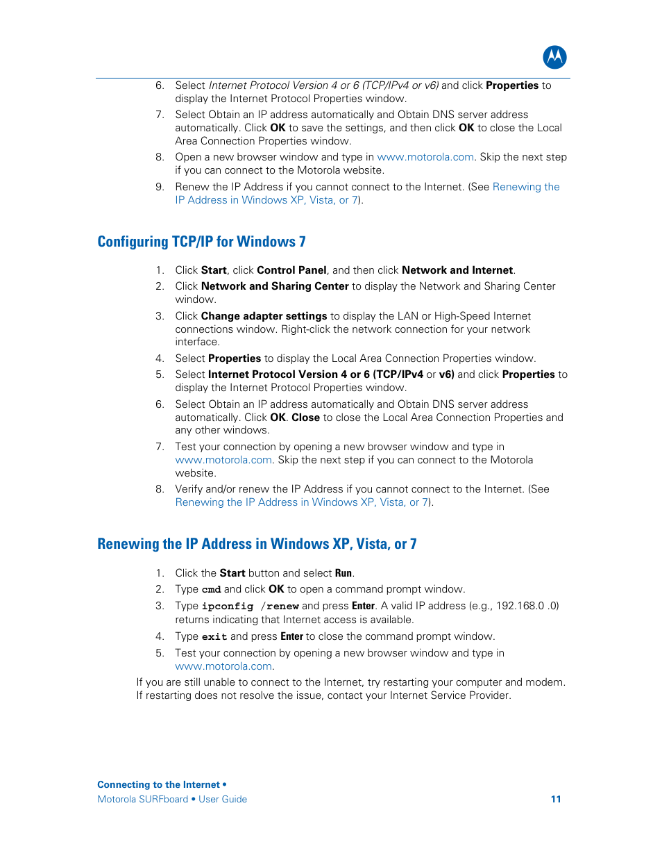 Configuring tcp/ip for windows 7, Renewing the ip address in windows xp, vista, or 7, Renewing the | Ip address in windows xp, vista, or 7 | Motorola SURFboard SBG6580 Series User Manual | Page 19 / 36