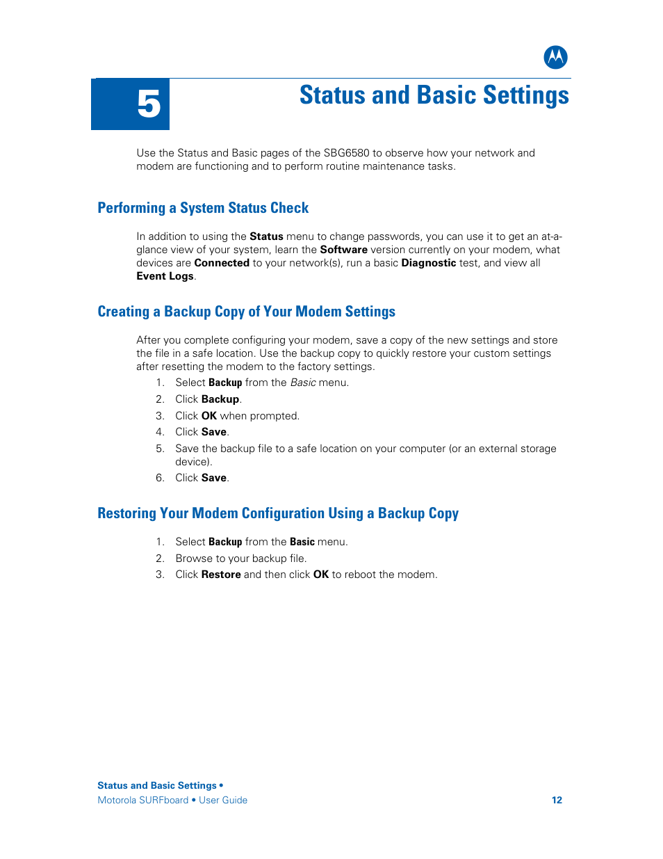 Performing a system status check, Creating a backup copy of your modem settings, Status and basic settings | Motorola SURFboard SBG6580 Series User Manual | Page 20 / 36