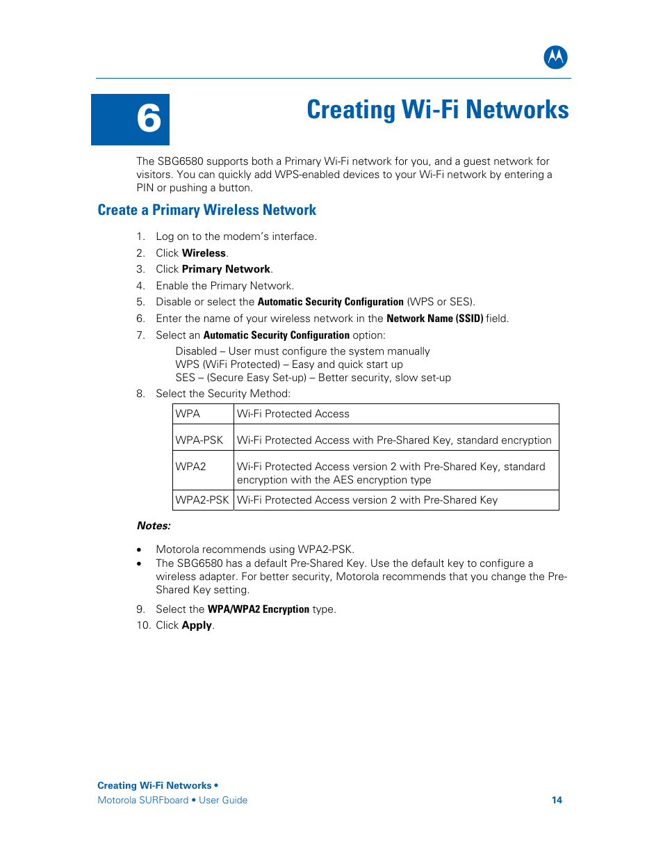 Create a primary wireless network, Creating wi-fi networks | Motorola SURFboard SBG6580 Series User Manual | Page 22 / 36