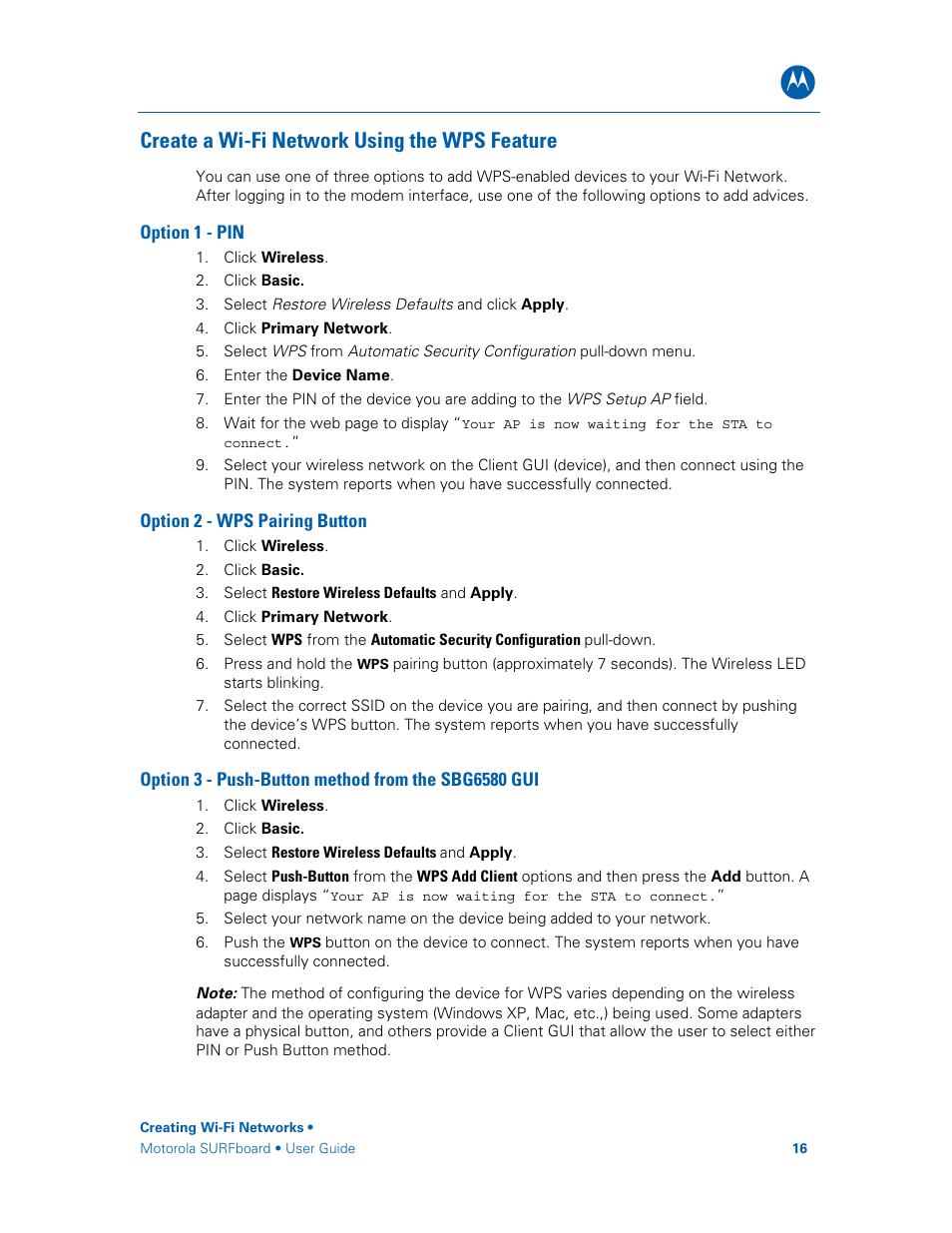 Create a wi-fi network using the wps feature, Option 1 - pin, Option 2 - wps pairing button | Option 3 - push-button method from the sbg6580 gui | Motorola SURFboard SBG6580 Series User Manual | Page 24 / 36