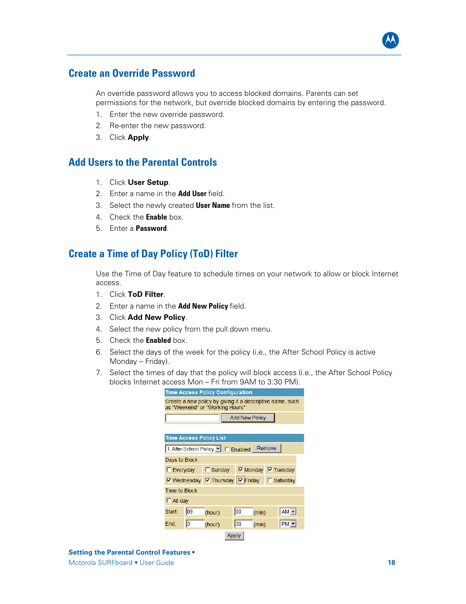 Create an override password, Add users to the parental controls, Create a time of day policy (tod) filter | Motorola SURFboard SBG6580 Series User Manual | Page 26 / 36