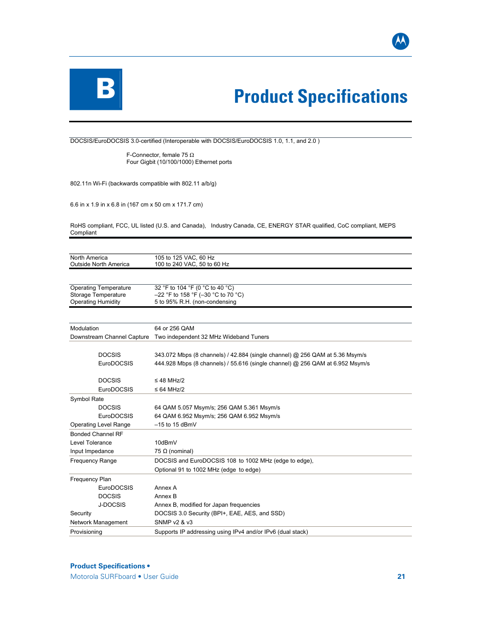 Product specifications | Motorola SURFboard SBG6580 Series User Manual | Page 29 / 36