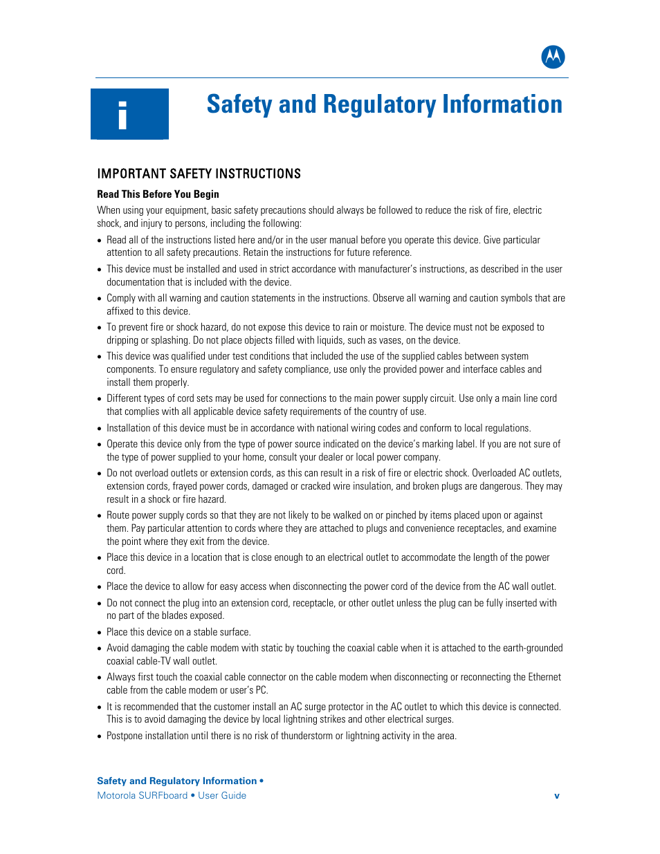 Safety and regulatory information | Motorola SURFboard SBG6580 Series User Manual | Page 5 / 36