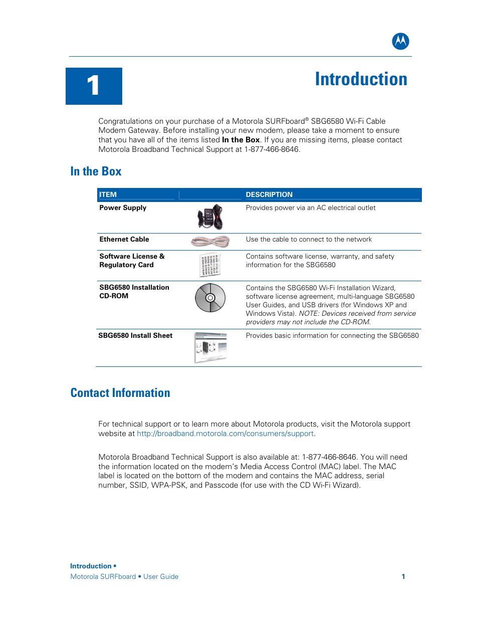 In the box, Contact information, S2startshere | Introduction | Motorola SURFboard SBG6580 Series User Manual | Page 9 / 36