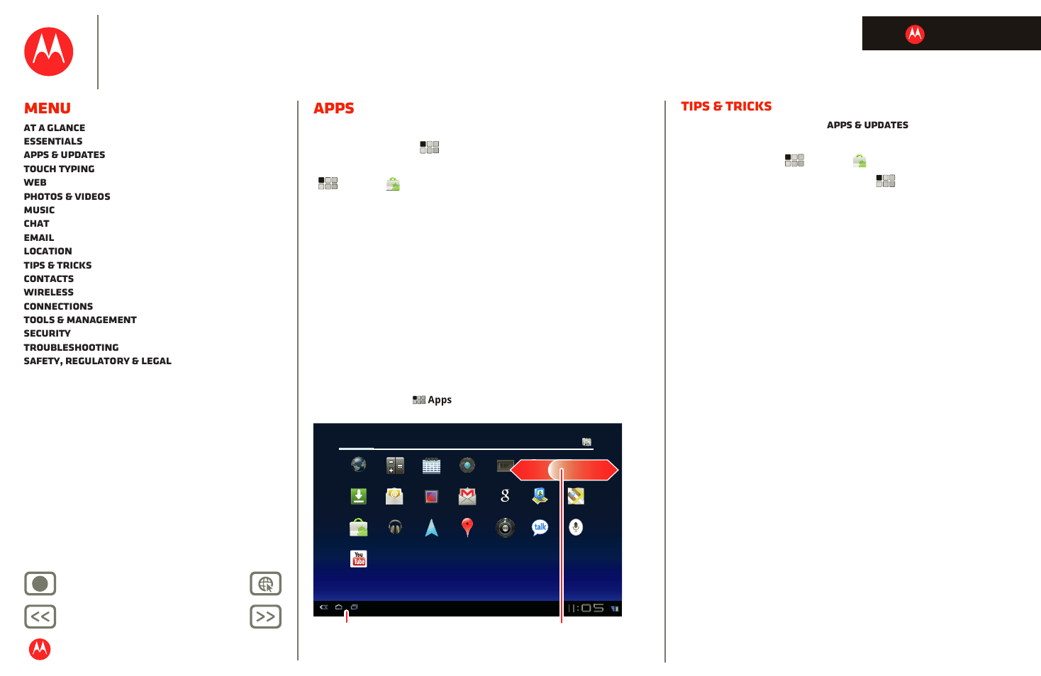 Apps, Next, Motorola xoom | Menu, Tips & tricks, Back next more support | Motorola XOOM User Manual | Page 10 / 57