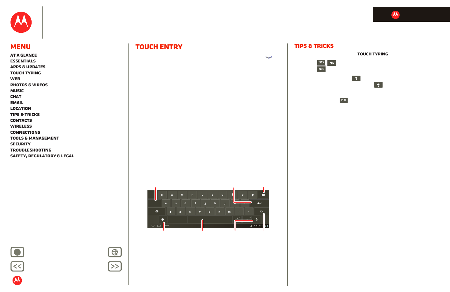 Touch entry, Next, Motorola xoom | Menu, Tips & tricks, Back next more support, Life. powered | Motorola XOOM User Manual | Page 13 / 57