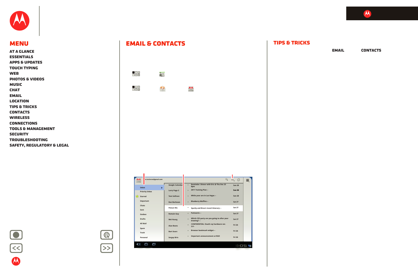 Email & contacts, Next, Motorola xoom | Menu, Tips & tricks, Back next more support, Android mobile tablet, Life. powered | Motorola XOOM User Manual | Page 14 / 57