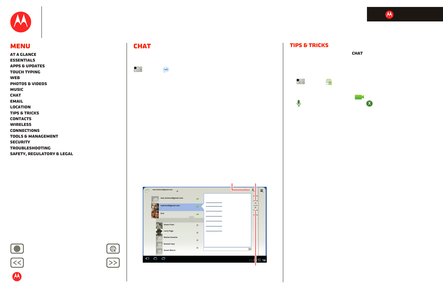 Chat, Next, Motorola xoom | Menu, Tips & tricks, Back next more support, Life. powered | Motorola XOOM User Manual | Page 15 / 57