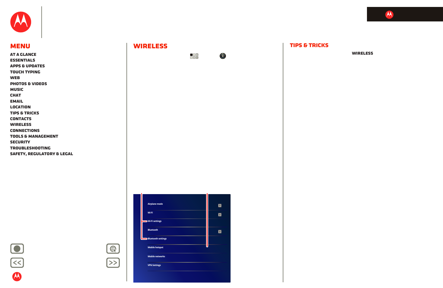 Wireless, Next, Motorola xoom | Menu, Tips & tricks, Back next more support | Motorola XOOM User Manual | Page 17 / 57