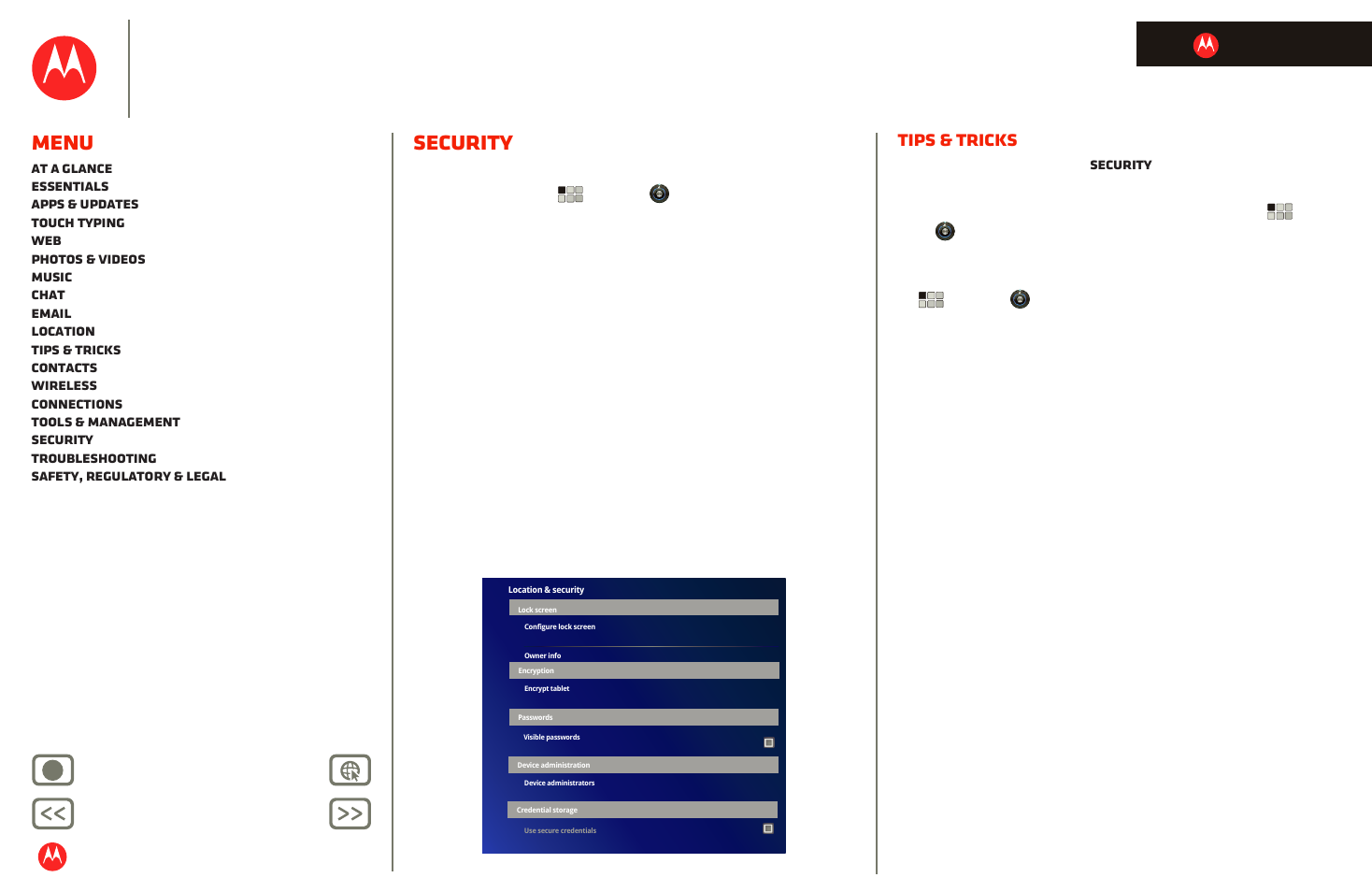 Security, Next, Motorola xoom | Menu, Tips & tricks, Back next more support, Life. powered | Motorola XOOM User Manual | Page 18 / 57