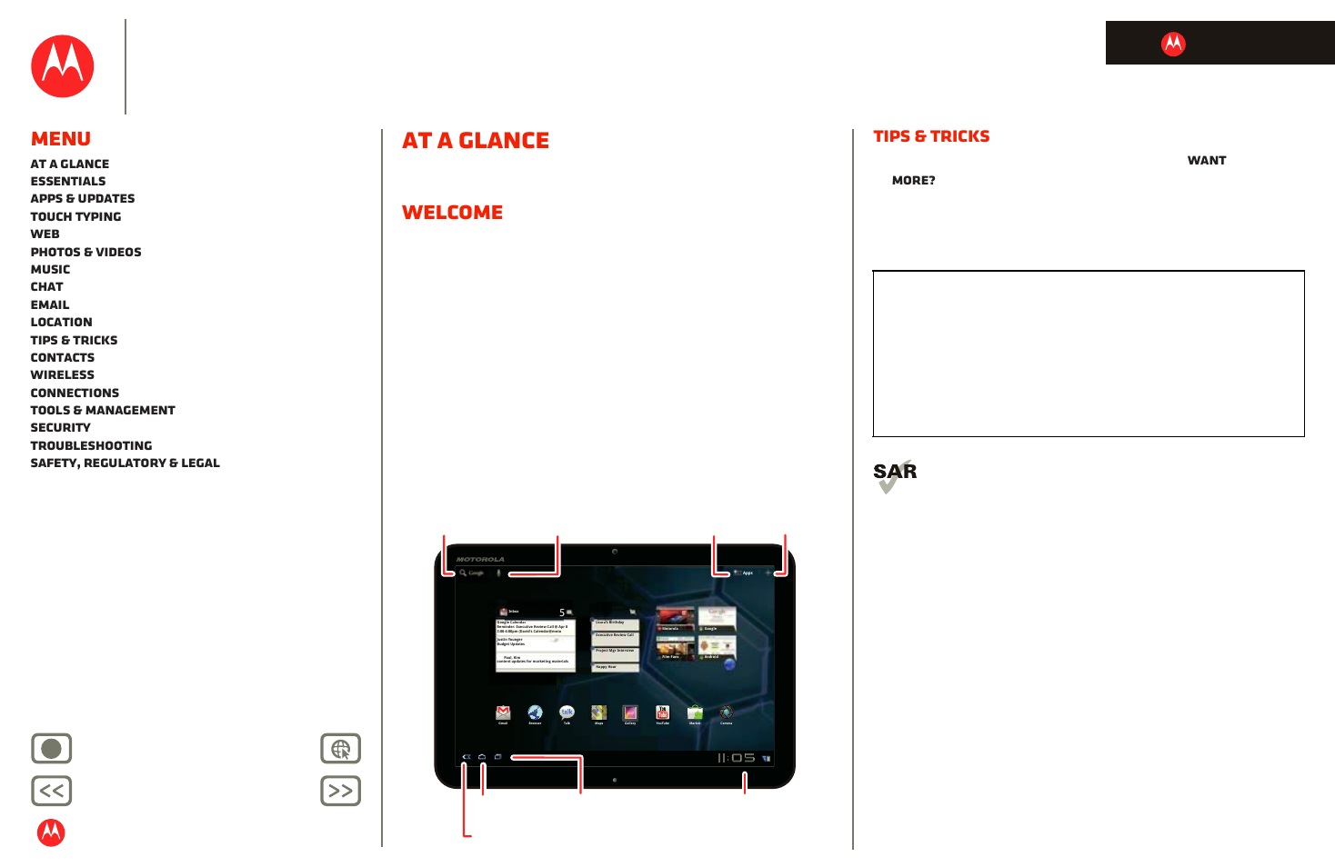 At a glance, Welcome, Next | Motorola xoom, Menu, Tips & tricks, Back next more support, Life. powered, Quick, simple, brief | Motorola XOOM User Manual | Page 2 / 57