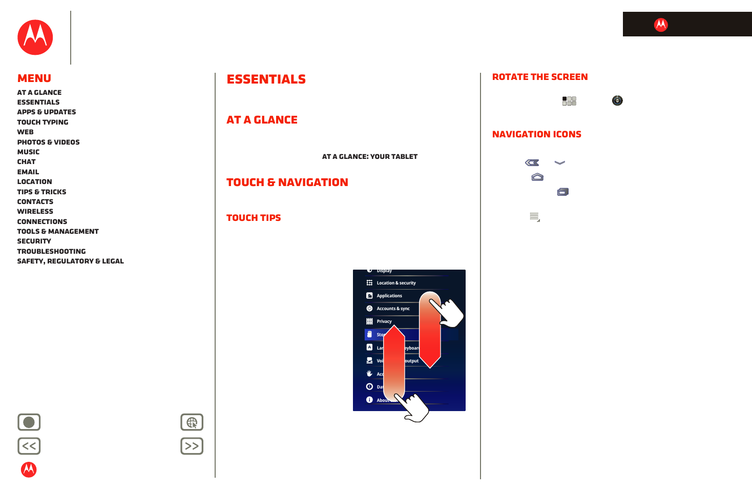 Essentials, At a glance, Touch & navigation | Next, Motorola xoom, Menu, Touch tips, Rotate the screen, Navigation icons | Motorola XOOM User Manual | Page 20 / 57