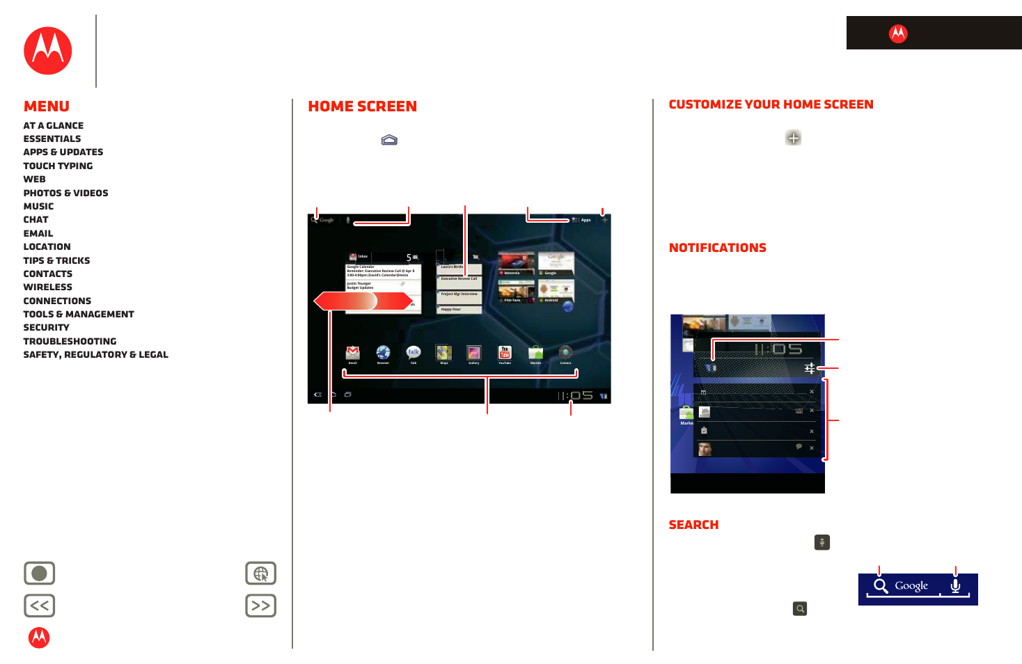 Home screen, Customize your home screen, Next | Motorola xoom, Menu, Notifications, Search, Back next more support, Life. powered | Motorola XOOM User Manual | Page 21 / 57
