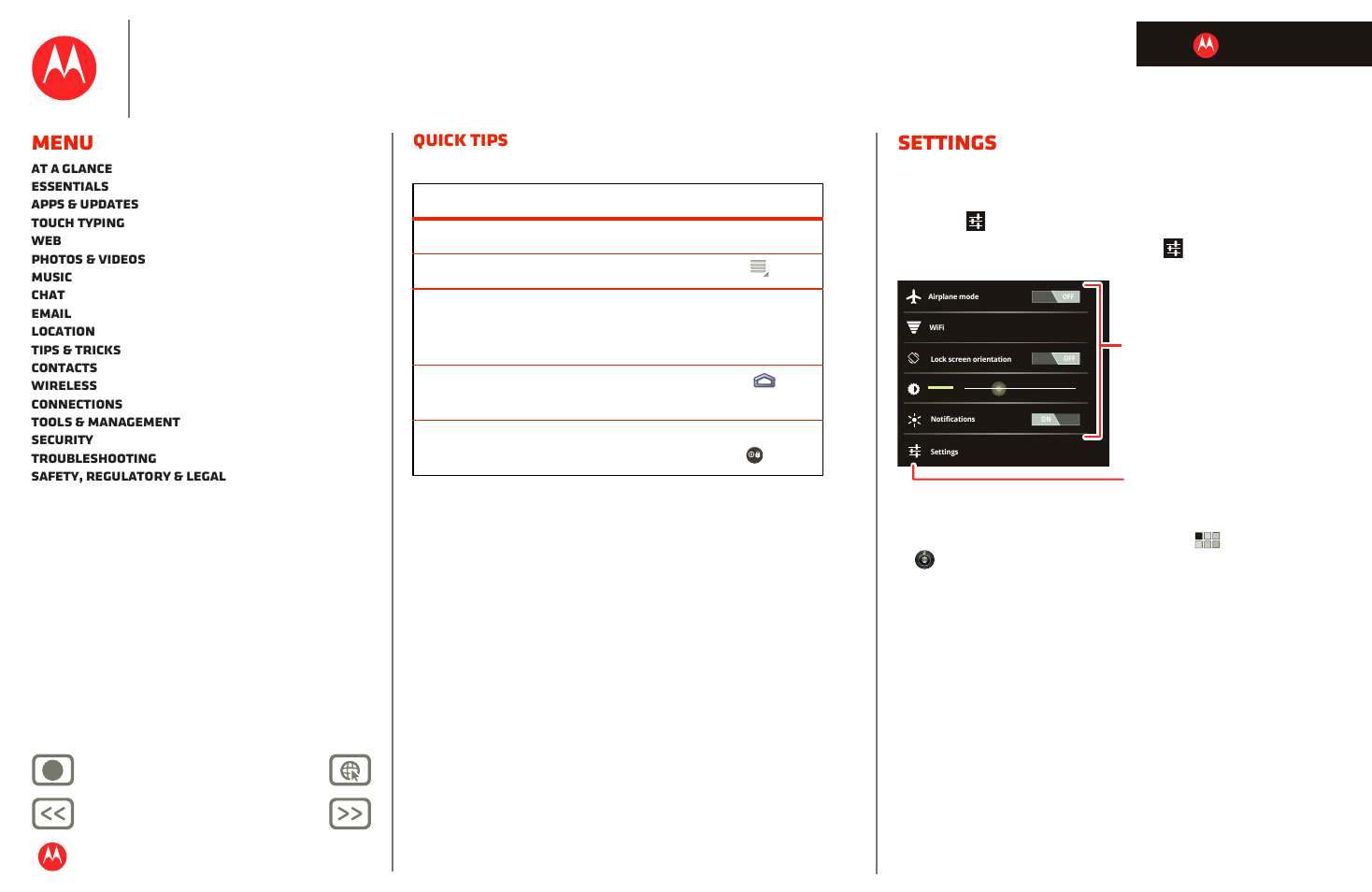 Settings, Next, Motorola xoom | Menu, Quick tips, Back next more support | Motorola XOOM User Manual | Page 22 / 57