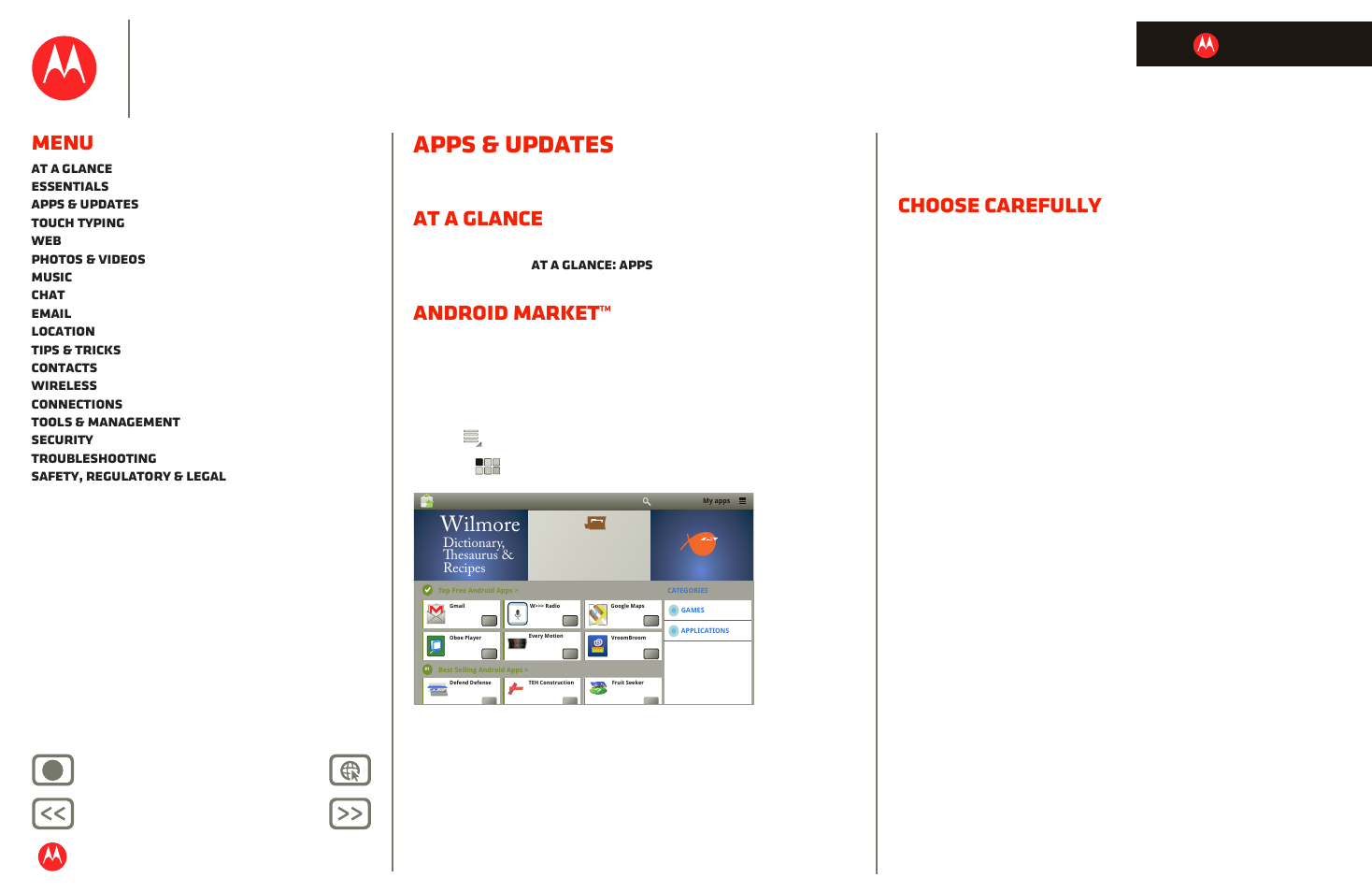 Apps & updates, At a glance, Android market | Choose carefully, Next, Motorola xoom, Menu, Wilmore, Back next more support | Motorola XOOM User Manual | Page 23 / 57