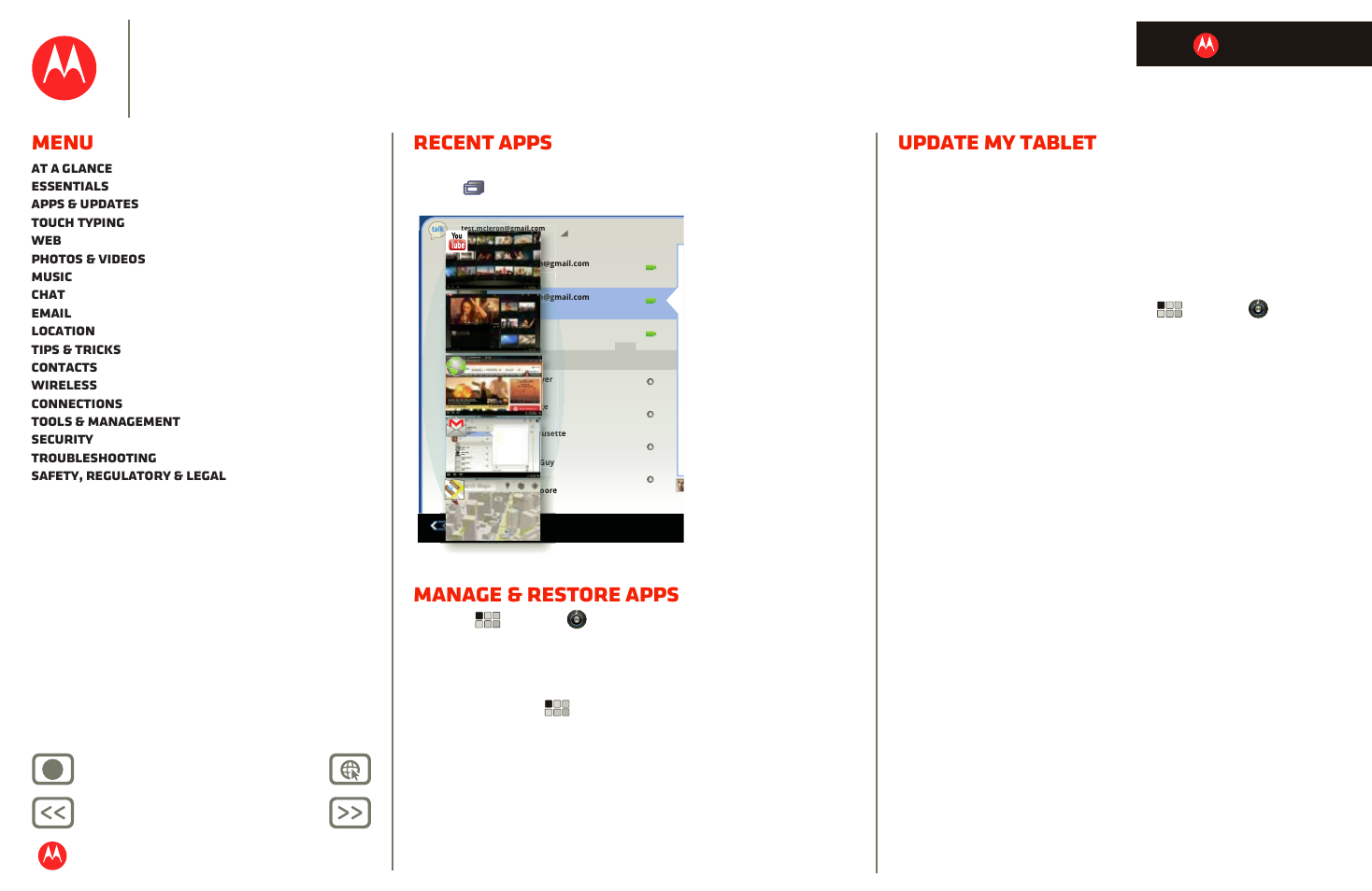 Recent apps, Manage & restore apps, Update my tablet | Next, Motorola xoom, Menu, Back next more support, Life. powered | Motorola XOOM User Manual | Page 24 / 57