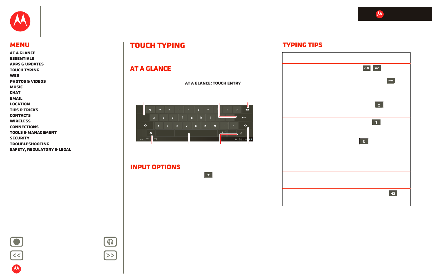 Touch typing, At a glance, Input options | Typing tips, Next, Motorola xoom, Menu, Back next more support | Motorola XOOM User Manual | Page 25 / 57