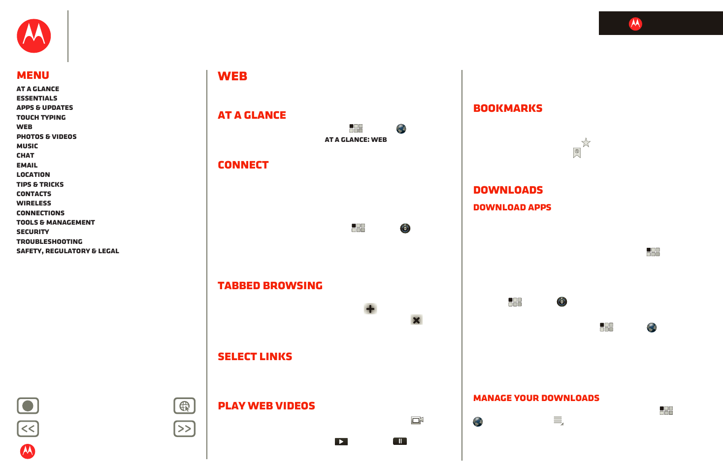 At a glance, Connect, Tabbed browsing | Select links, Play web videos, Bookmarks, Downloads, Next, Motorola xoom, Menu | Motorola XOOM User Manual | Page 26 / 57