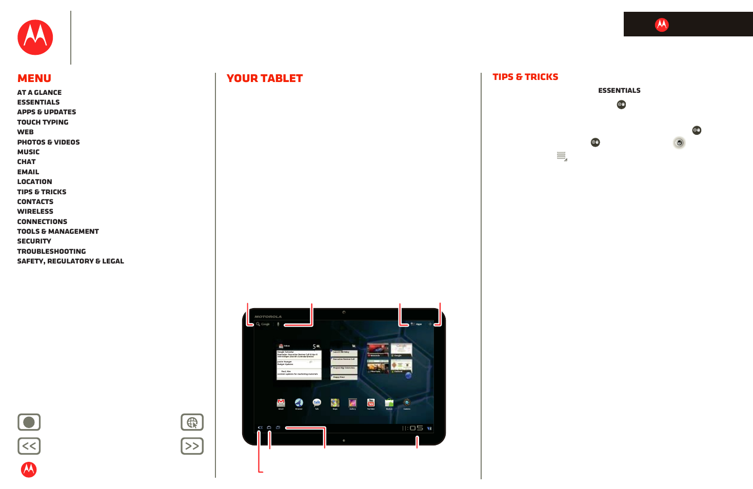 Your tablet, Next, Motorola xoom | Menu, Tips & tricks, Back next more support, Life. powered, Here’s how that all-important touchscreen works | Motorola XOOM User Manual | Page 3 / 57