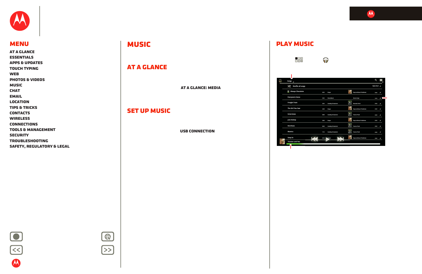 Music, At a glance, Set up music | Play music, D “ music, Next, Motorola xoom, Menu, Back next more support, Life. powered | Motorola XOOM User Manual | Page 32 / 57