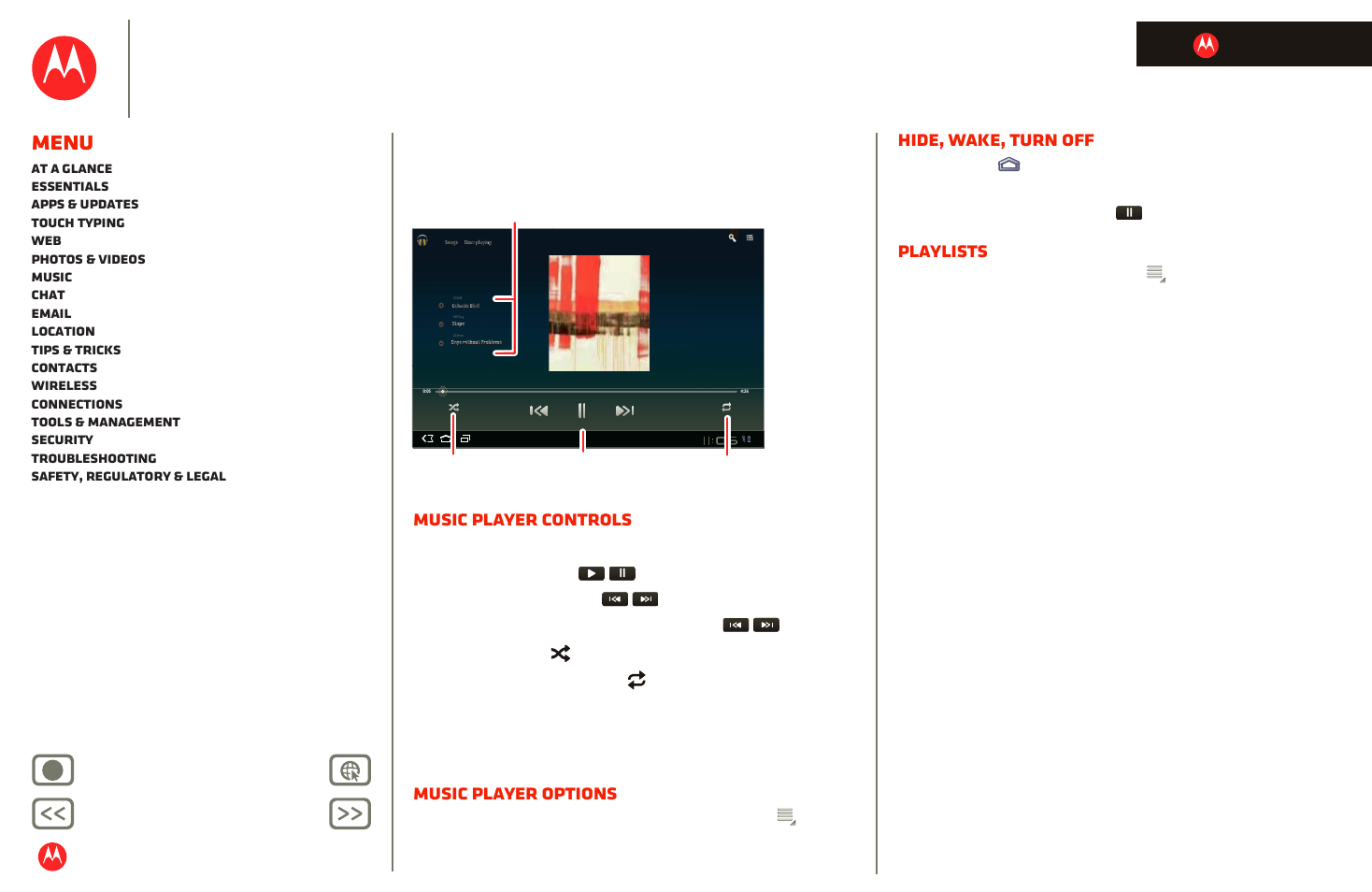 Next, Motorola xoom, Menu | Music player controls, Music player options, Hide, wake, turn off, Playlists, Back next more support | Motorola XOOM User Manual | Page 33 / 57