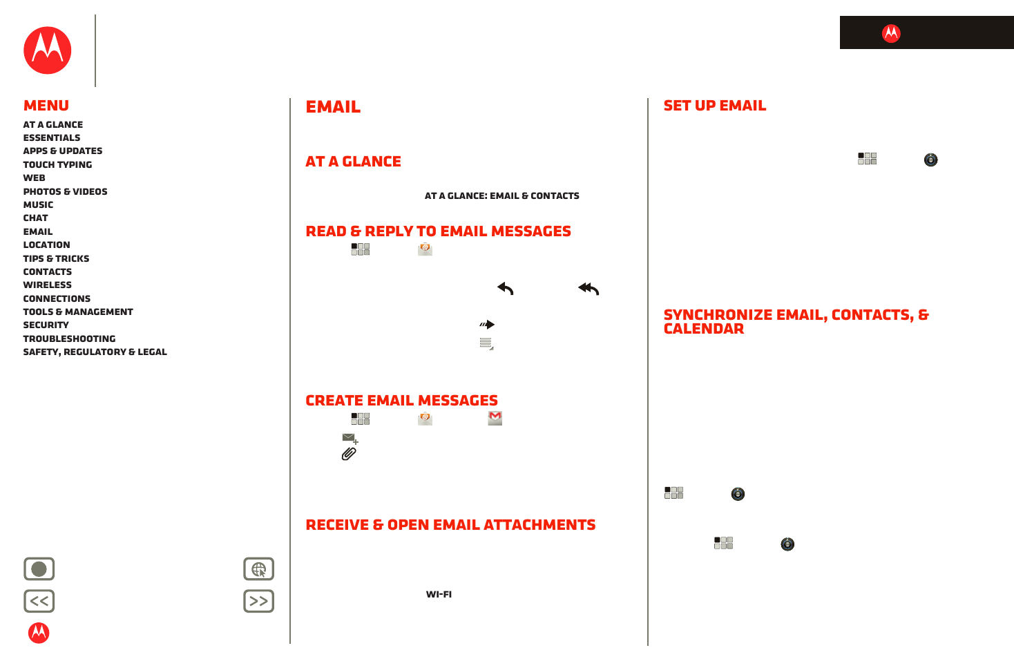 Email, At a glance, Read & reply to email messages | Create email messages, Receive & open email attachments, Set up email, Synchronize email, contacts, & calendar, Email ” a, Next, Motorola xoom | Motorola XOOM User Manual | Page 35 / 57