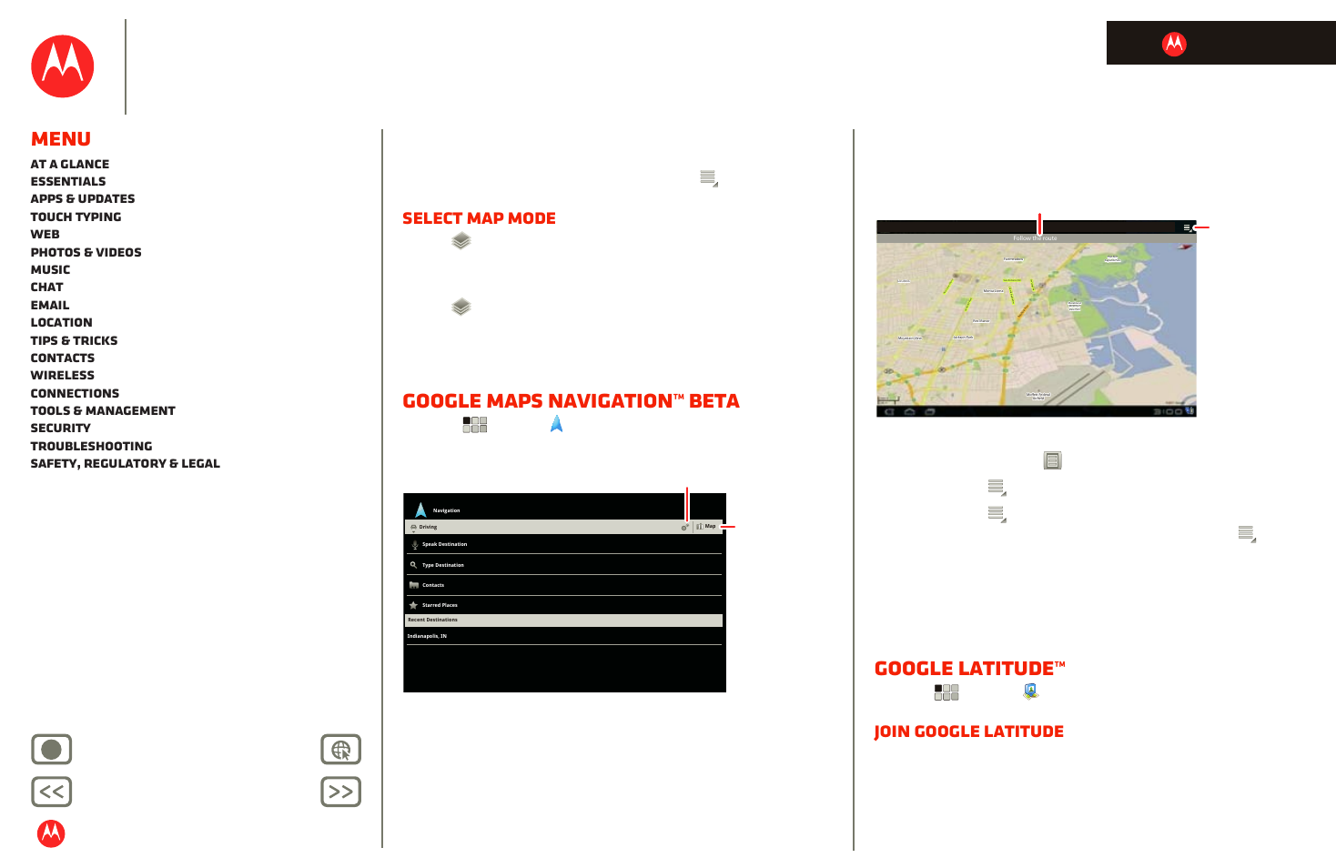 Google maps navigation™ beta, Google latitude, Next | Motorola xoom, Menu, Select map mode, Join google latitude, Back next more support, Life. powered | Motorola XOOM User Manual | Page 37 / 57