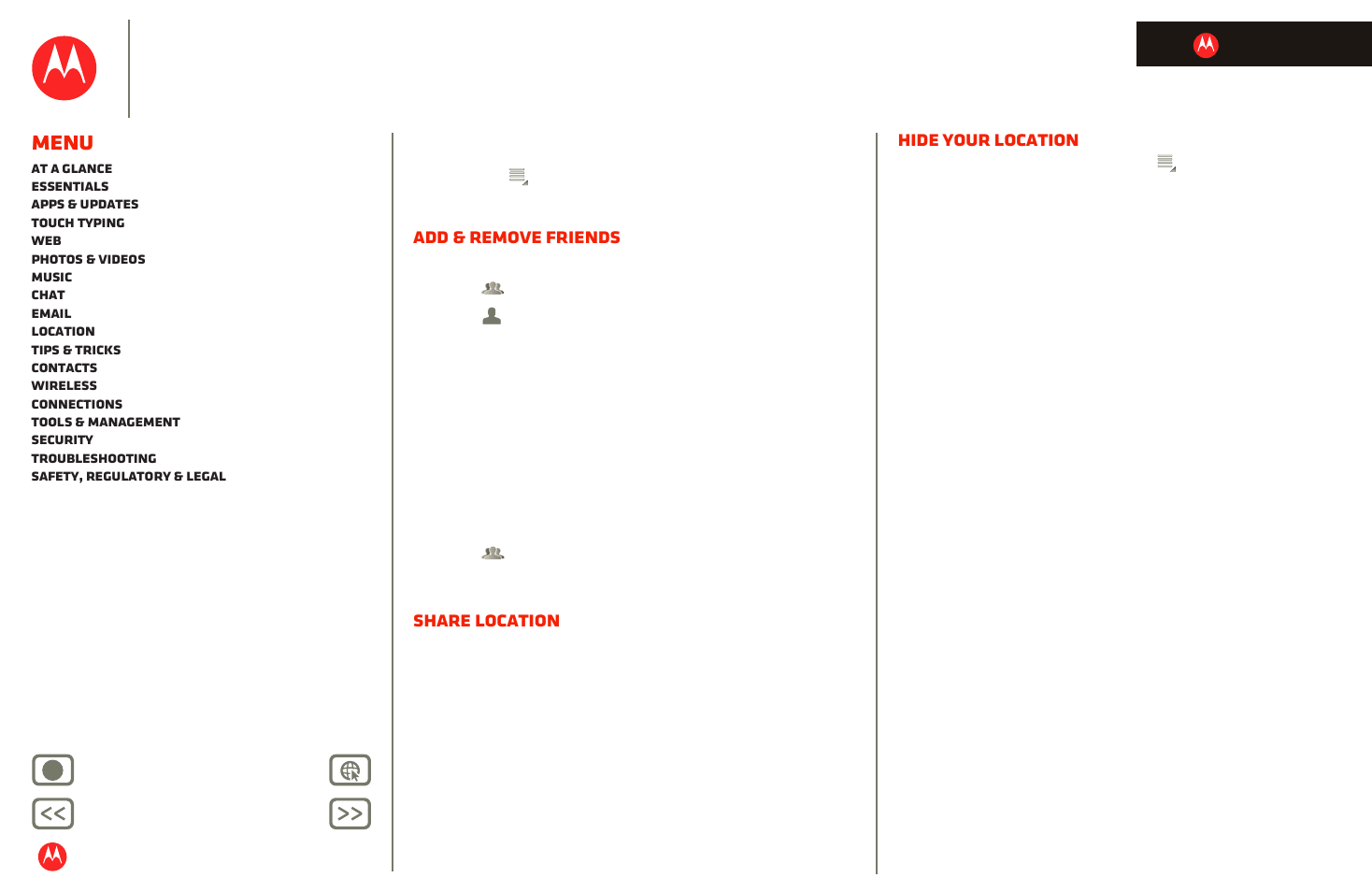 Next, Motorola xoom, Menu | Add & remove friends, Share location, Xhide your location | Motorola XOOM User Manual | Page 38 / 57