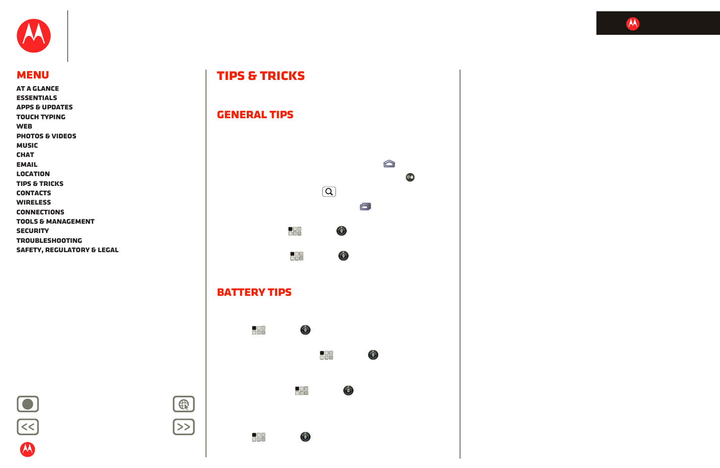 Tips & tricks, General tips, Battery tips | Next, Motorola xoom, Menu | Motorola XOOM User Manual | Page 39 / 57