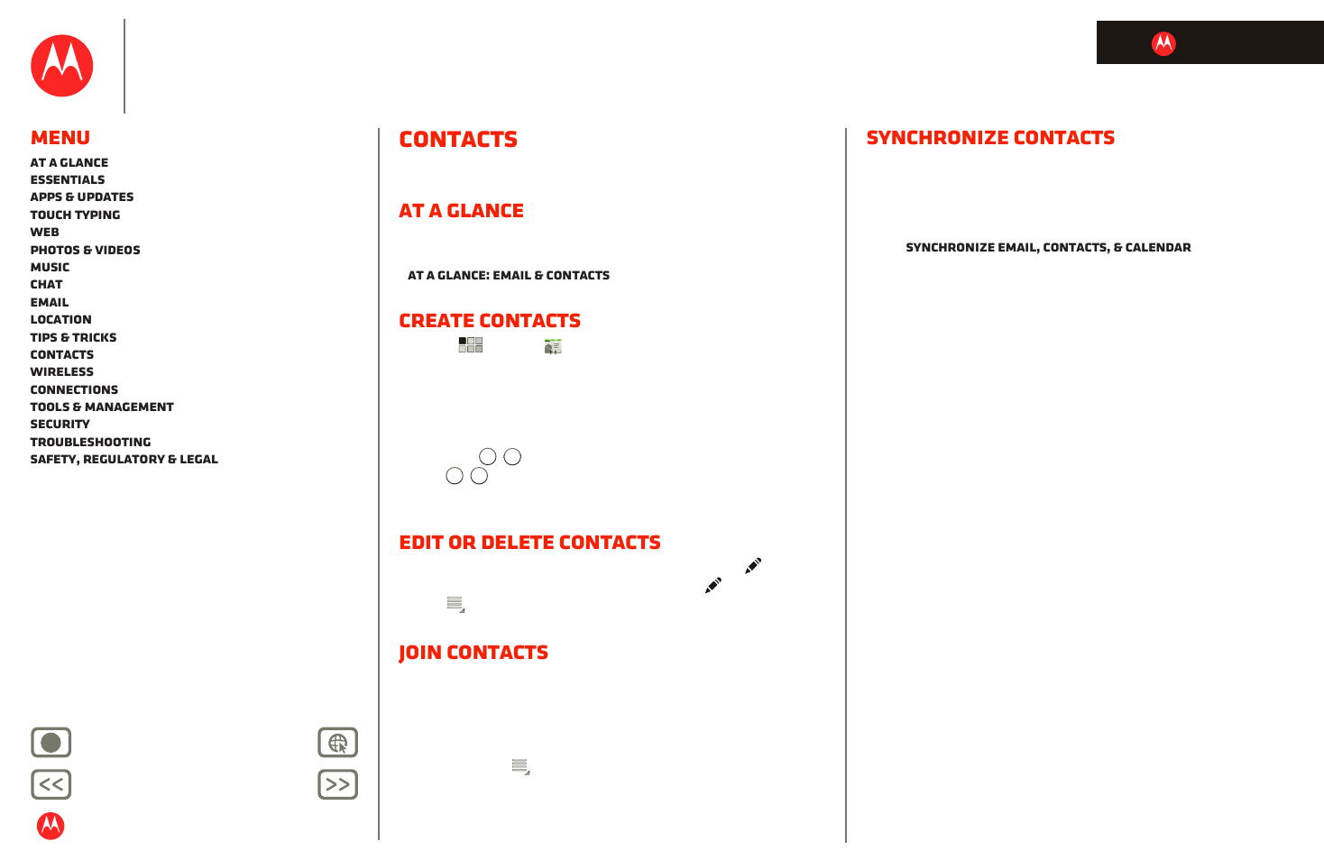 Contacts, At a glance, Create contacts | Edit or delete contacts, Join contacts, Synchronize contacts, Nd “ contacts, Next, Motorola xoom, Menu | Motorola XOOM User Manual | Page 40 / 57