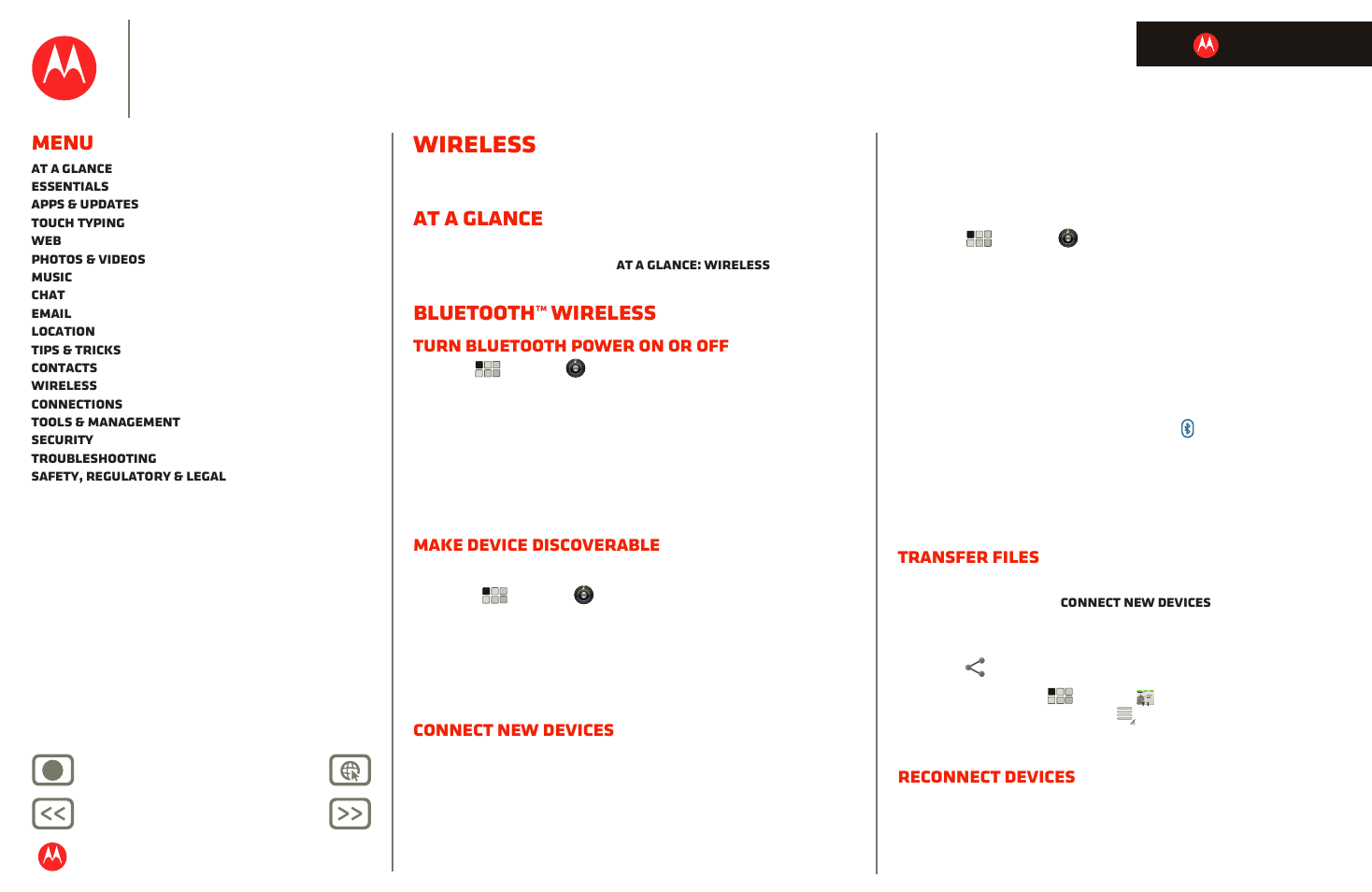 Wireless, At a glance, Bluetooth™ wireless | Next, Motorola xoom, Menu, Turn bluetooth power on or off, Make device discoverable, Connect new devices, Transfer files | Motorola XOOM User Manual | Page 41 / 57