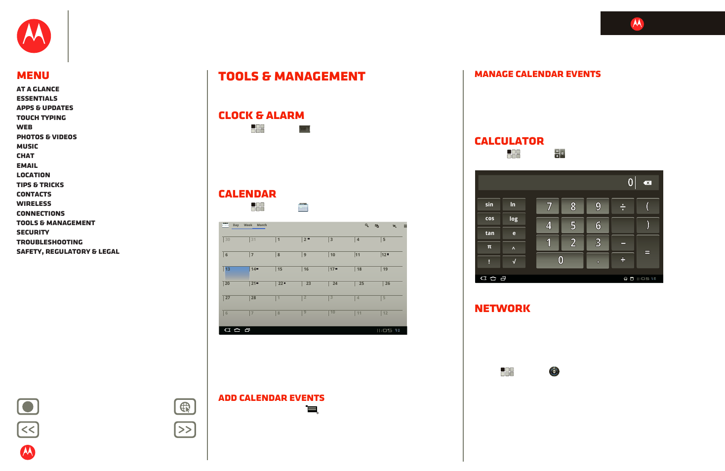 Tools & management, Clock & alarm, Calendar | Calculator, Network, Next, Motorola xoom, Menu, Add calendar events, Manage calendar events | Motorola XOOM User Manual | Page 44 / 57