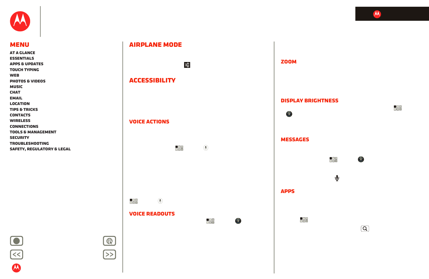 Airplane mode, Accessibility, Next | Motorola xoom, Menu, Voice actions, Voice readouts, Zoom, Display brightness, Messages | Motorola XOOM User Manual | Page 45 / 57