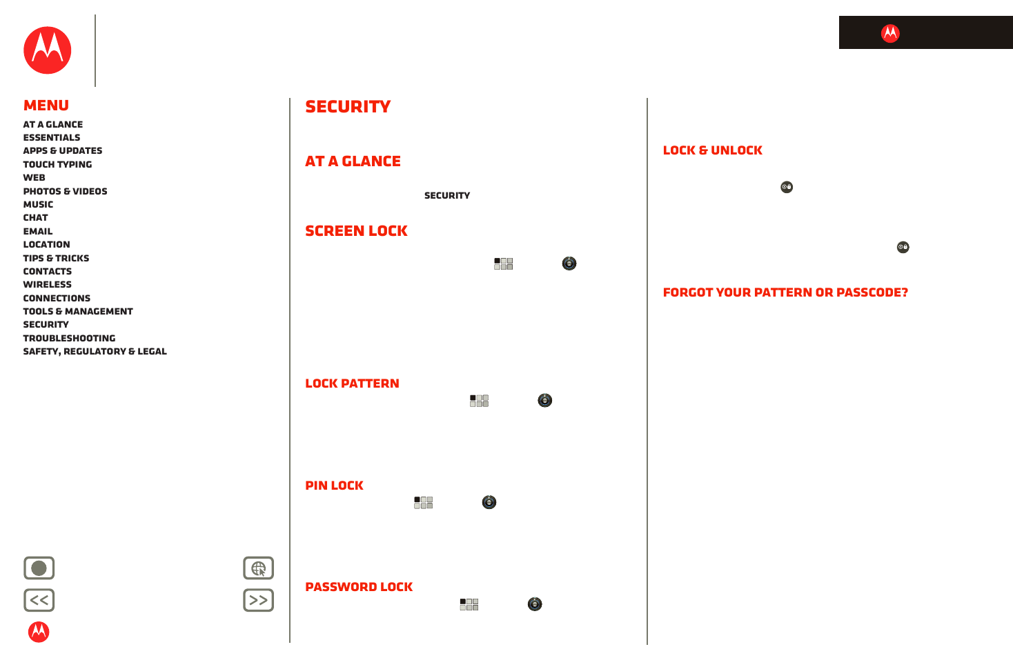 Security, At a glance, Screen lock | Next, Motorola xoom, Menu, Lock pattern, Pin lock, Password lock, Lock & unlock | Motorola XOOM User Manual | Page 46 / 57