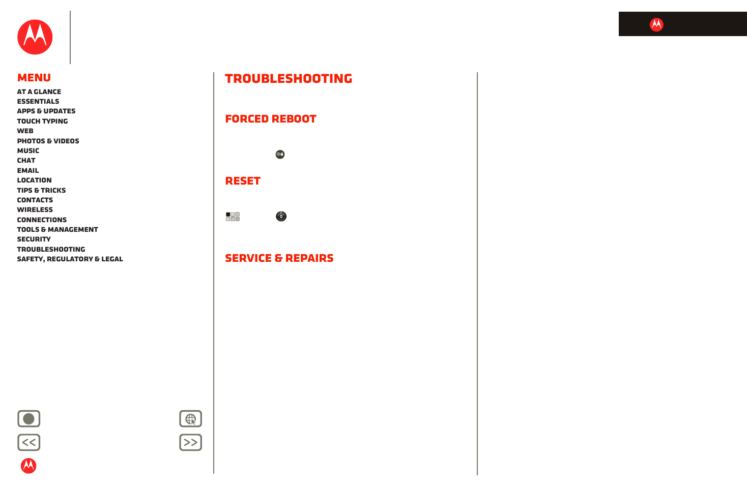 Troubleshooting, Forced reboot, Reset | Service & repairs, Next, Motorola xoom, Menu | Motorola XOOM User Manual | Page 47 / 57