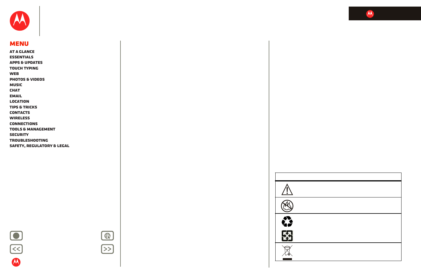 Seizures/blackouts, Caution about high volume usage, Repetitive motion | Children, Glass parts, Operational warnings, Next, Motorola xoom, Menu | Motorola XOOM User Manual | Page 49 / 57