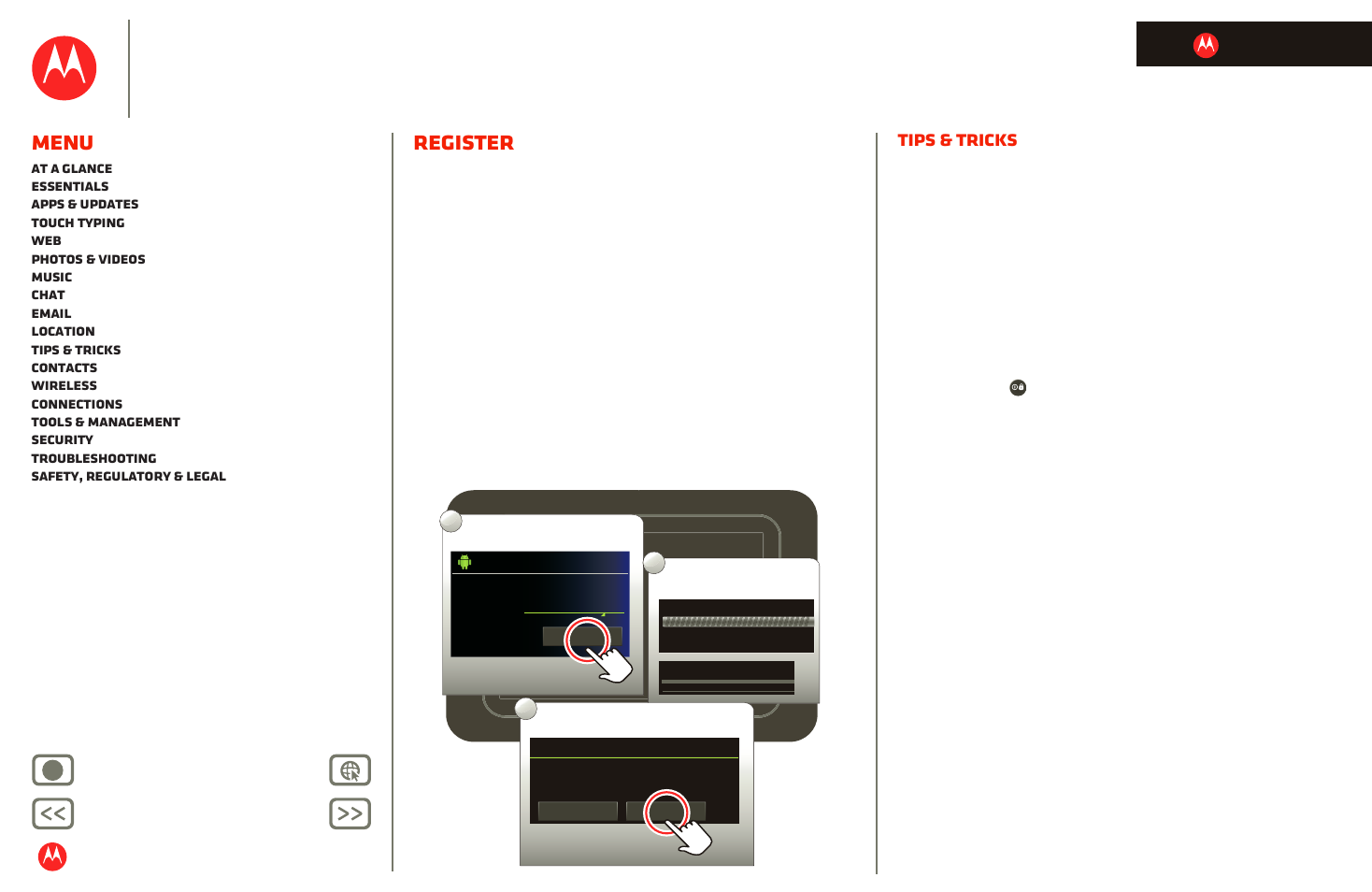 Register, Next, Motorola xoom | Menu, Tips & tricks, Back next more support | Motorola XOOM User Manual | Page 5 / 57