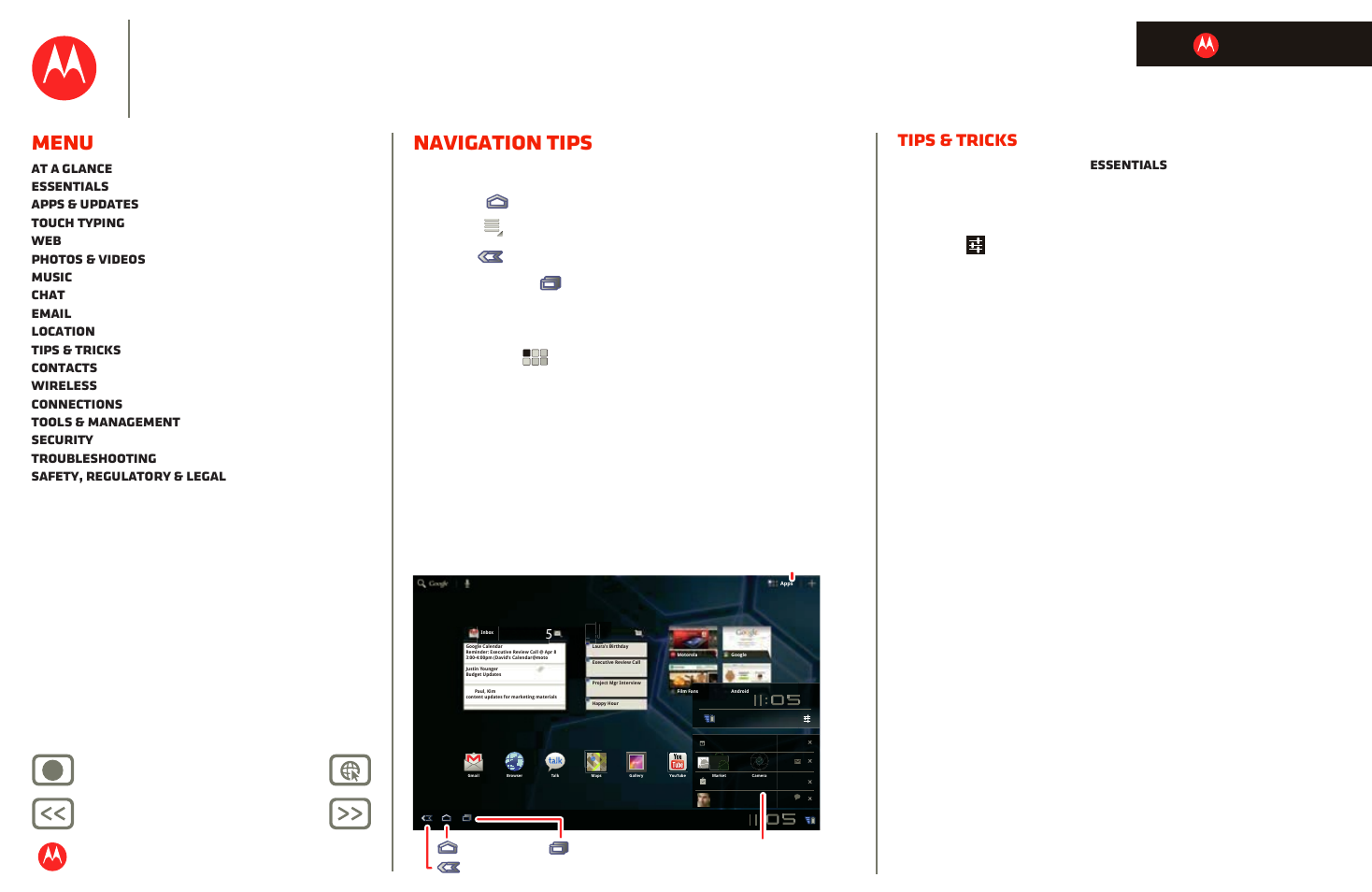 Navigation tips, Next, Motorola xoom | Menu, Tips & tricks, Back next more support, Life. powered | Motorola XOOM User Manual | Page 6 / 57