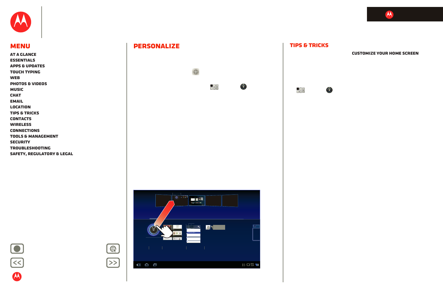 Personalize, Next, Motorola xoom | Menu, Tips & tricks, Back next more support, Life. powered | Motorola XOOM User Manual | Page 9 / 57